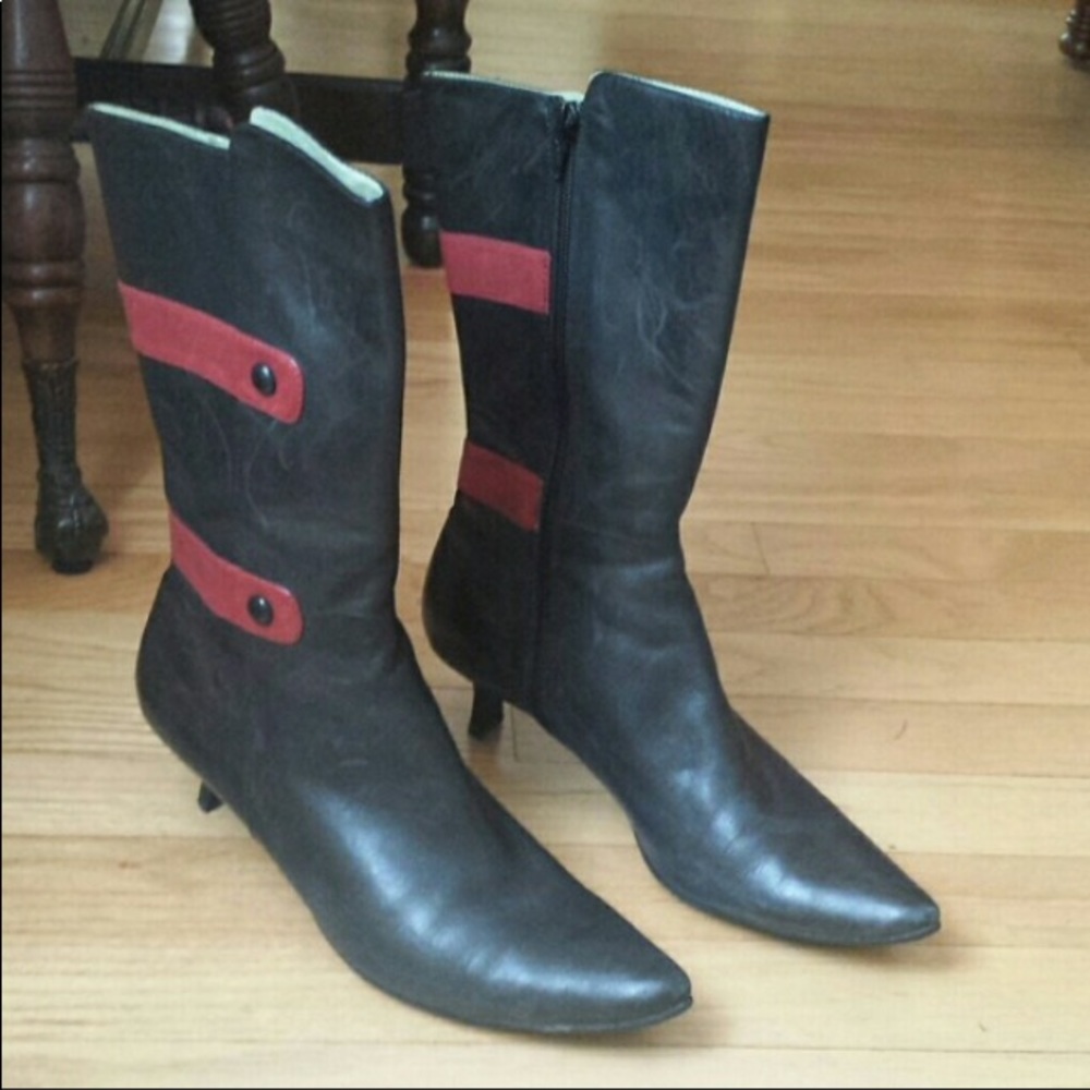 Kenneth Cole kitten heel striped leather boots